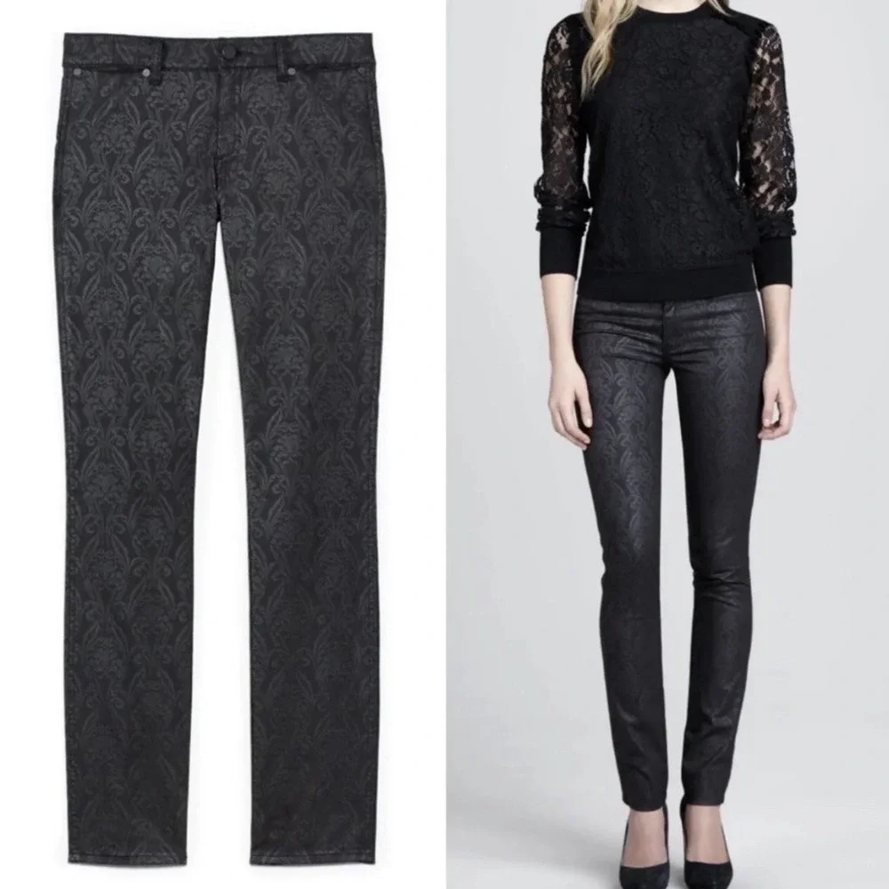 Tory Burch Honour Floral Lattice Jeans Pants‎ Black